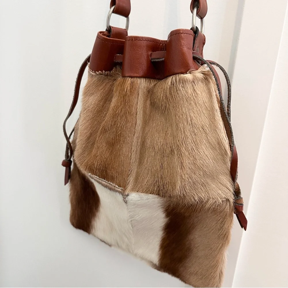 Vintage Cowhide Drawstring Leather Purse Shoulder Bag Brown Tan White Silk Lined - Picture 6 of 16